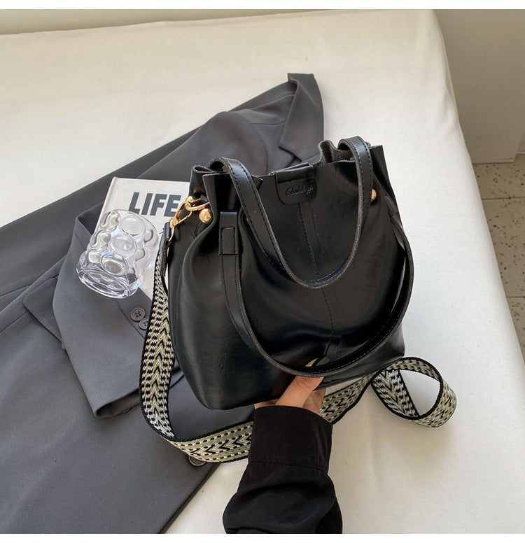 Women's Bucket Bag with Magnetic Closure and Wide Shoulder Straps