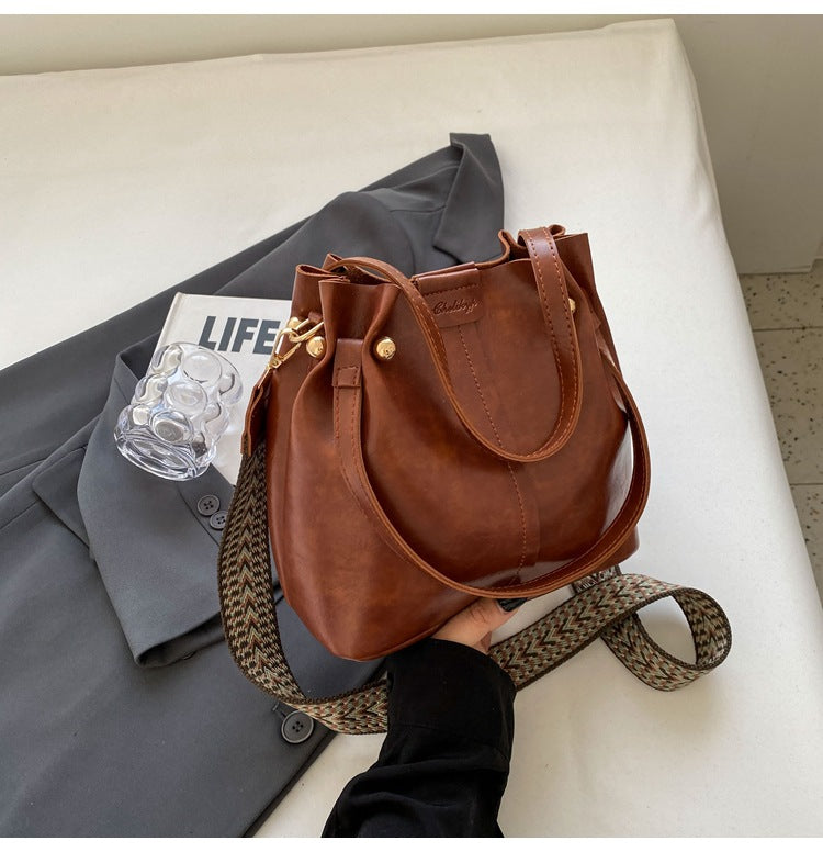 Women's Bucket Bag with Magnetic Closure and Wide Shoulder Straps