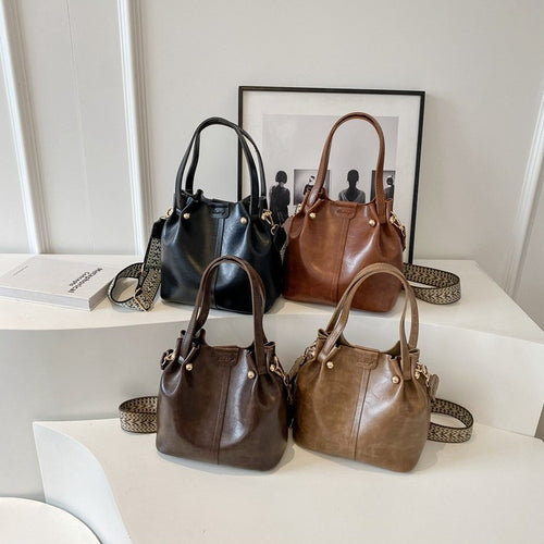 Women's Bucket Bag with Magnetic Closure and Wide Shoulder Straps